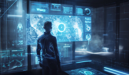 a man in a futuristic technology room working with data analysis through augmented reality hologram displays, person in data monitoring room 