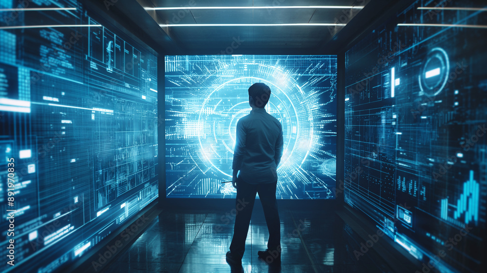 Poster a man in a futuristic technology room working with data analysis through augmented reality hologram 