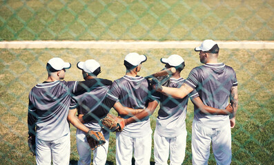 Baseball, field and group of friends with back, together and training for game on pitch. Practice, support and park for fitness or sport for male people, team and fence for softball club exercise