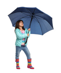 Cute little girl with blue umbrella on white background