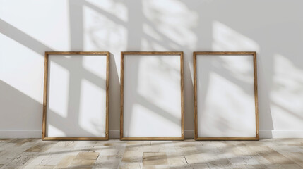 3 empty vertical wooden frames standing side by side on the floor against an white wall. Mockup template