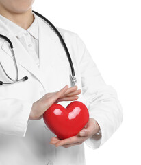 Doctor with red heart on white background, closeup