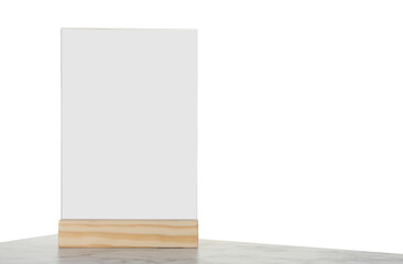 Menu holder on marble table against white background. Space for text