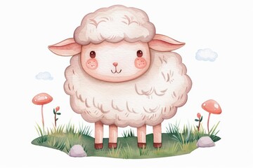 Naklejka premium A cute watercolor painting of a fluffy sheep, kawaii, isolate on white background