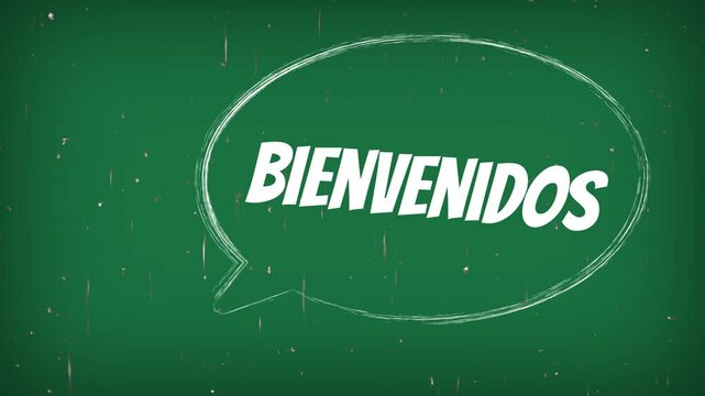 Animacion de burbuja de discruso con la palabra Bienvenido, fondo verde