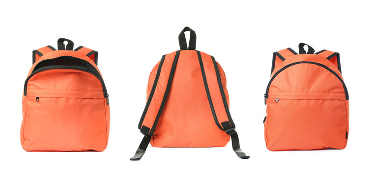 Bright orange backpack isolated on white, view from different sides
