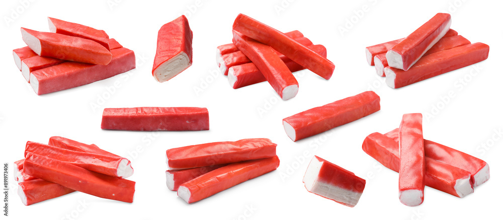 Wall mural Tasty crab sticks isolated on white, set