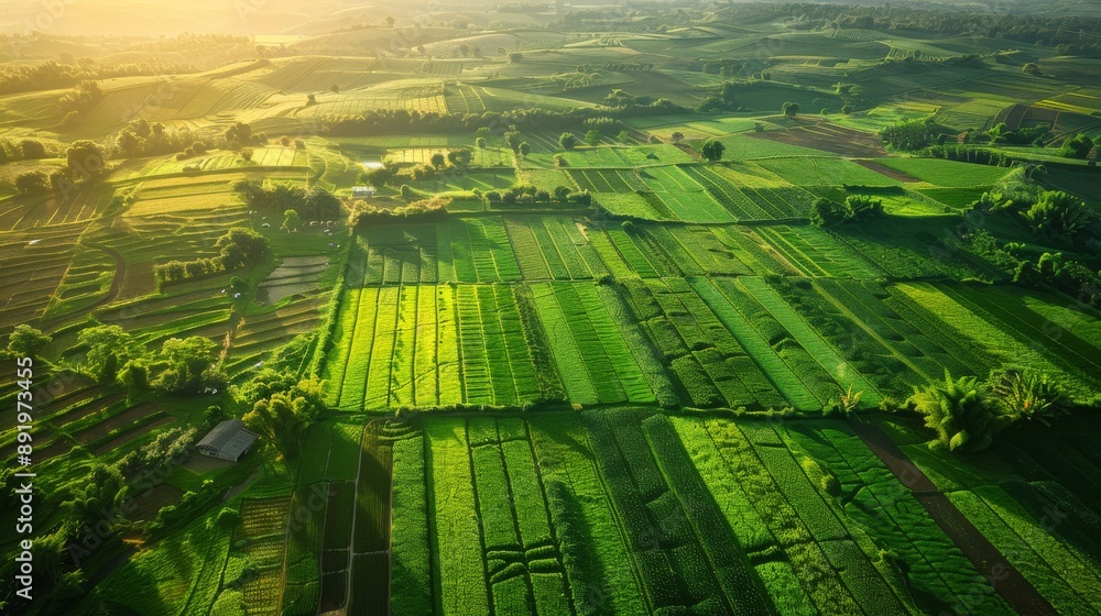 Poster aerial view of a vast agricultural farm with neatly arranged crop fields and irrigation systems gene