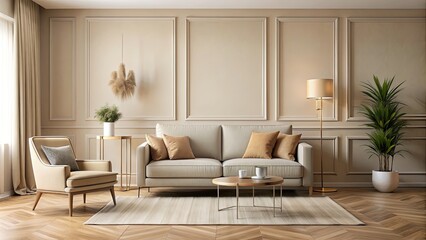 Fototapeta premium Cozy beige room interior with chair and sofa, beige, room, interior, chair, sofa, cozy, modern, comfortable, home