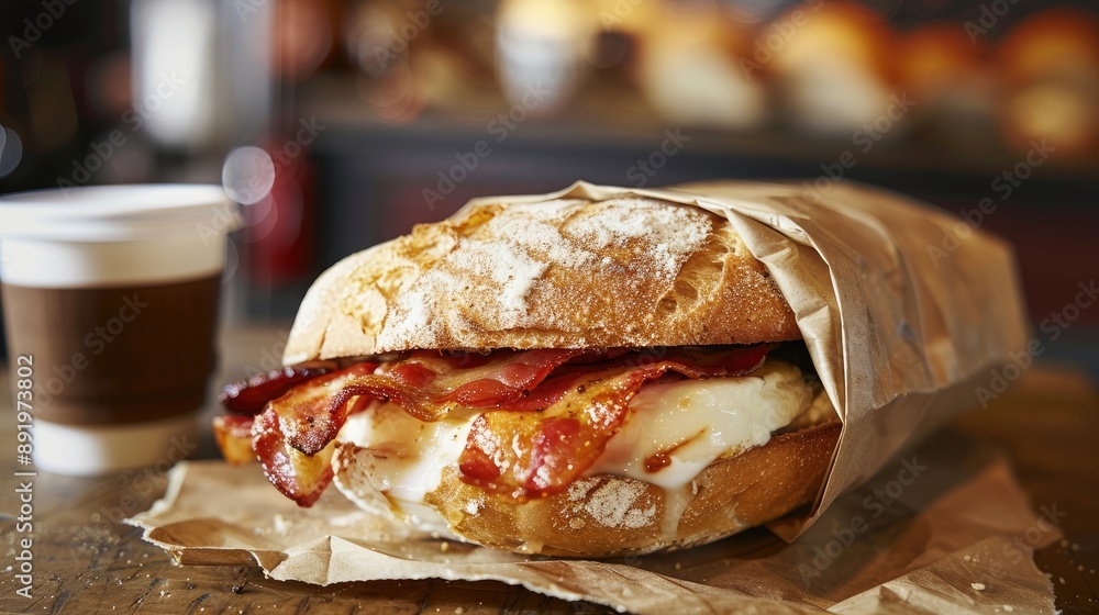 Poster close up photo of a mozzarella and bacon sandwich in a paper bag with a cup of coffee