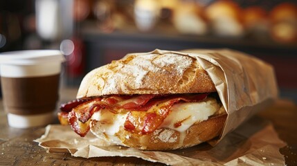 Close up photo of a mozzarella and bacon sandwich in a paper bag with a cup of coffee