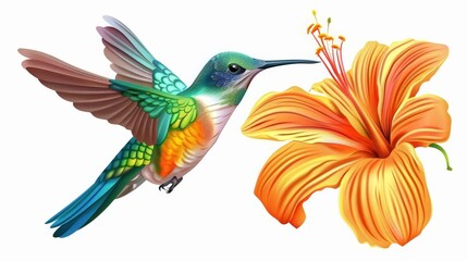 Obraz premium A hummingbird near a flower, nature element, dynamic illustration, bright colors, isolated on white background