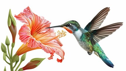 Obraz premium A hummingbird near a flower, nature element, dynamic illustration, bright colors, isolated on white background