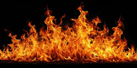 Fototapeta premium Fiery flames isolated on black background , fire, flames, blaze, heat, hot, inferno, burning, danger, bright, dark, destructive