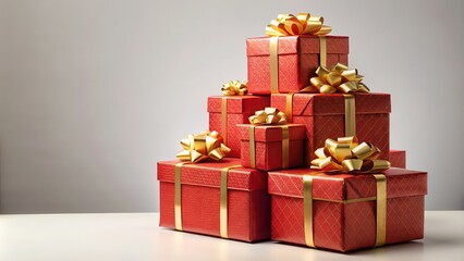 Obraz premium Stack of red gift boxes with gold bows and ribbon, gift, boxes, red, gold, bows, ribbon, presents, celebration
