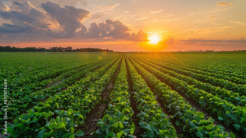 Poster sunrise over a large farm with rows of crops stretching to the horizon generative ai