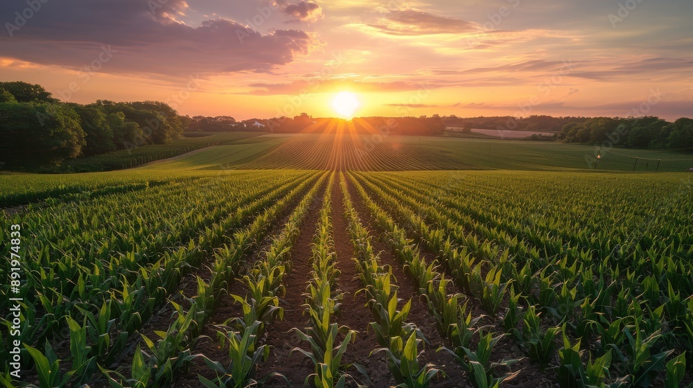 Poster sunrise over a large farm with rows of crops stretching to the horizon generative ai