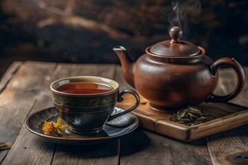 A cup off tea with teapot