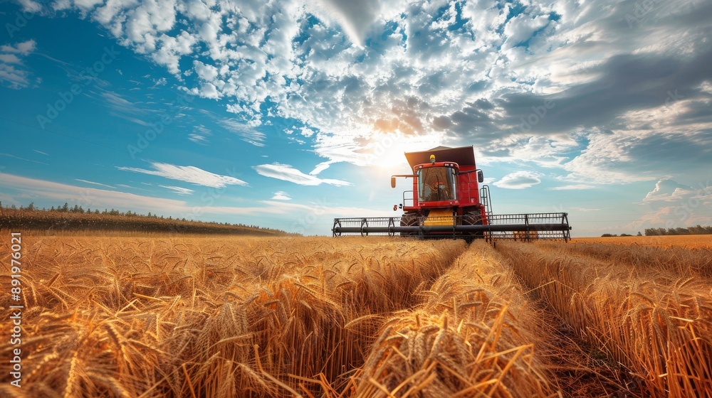 Poster modern farming equipment working on expansive fields under a clear sky generative ai