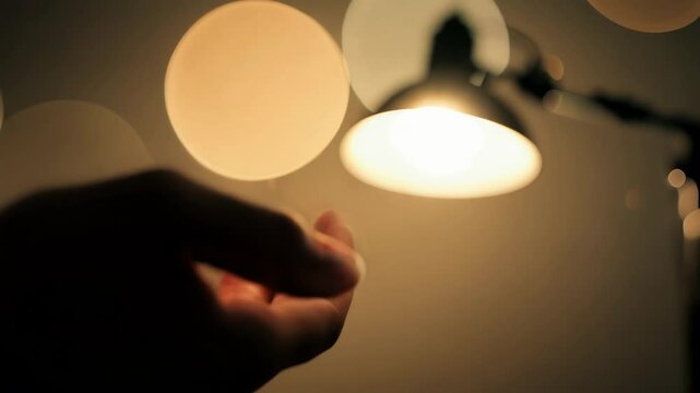 A hand frantically reaching for a nearby lamp trembling as it fumbles to turn on the light and dispel the darkness of the dream.