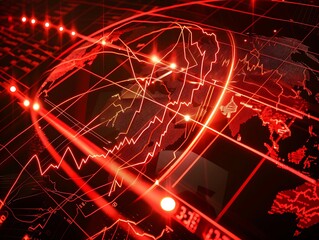 Red laser beams illuminate a stock market graph on a black background with a global map. An ECG line hologram encircles the globe.