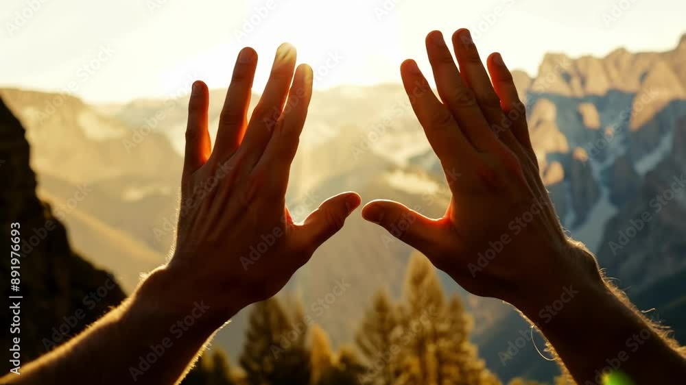 Poster detailed closeup of a mans hands superimposed over a mountain range creating a powerful and inspirat