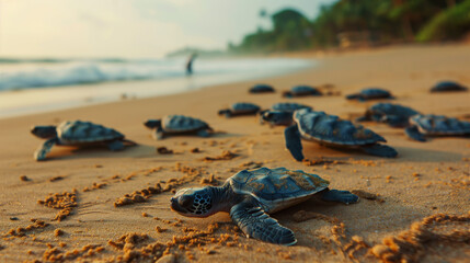 Obraz premium Sea turtles hatching on a sandy beach