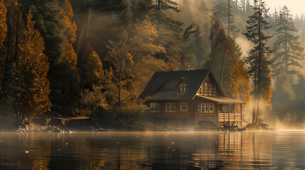 Fototapeta premium Serene lakeside cabin retreat surrounded by forest