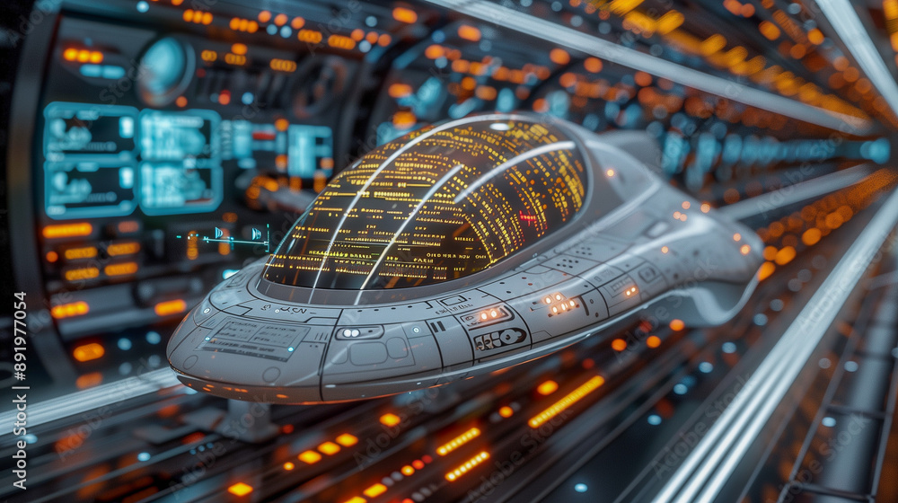Poster futuristic spacecraft in high-tech control room with holograms..