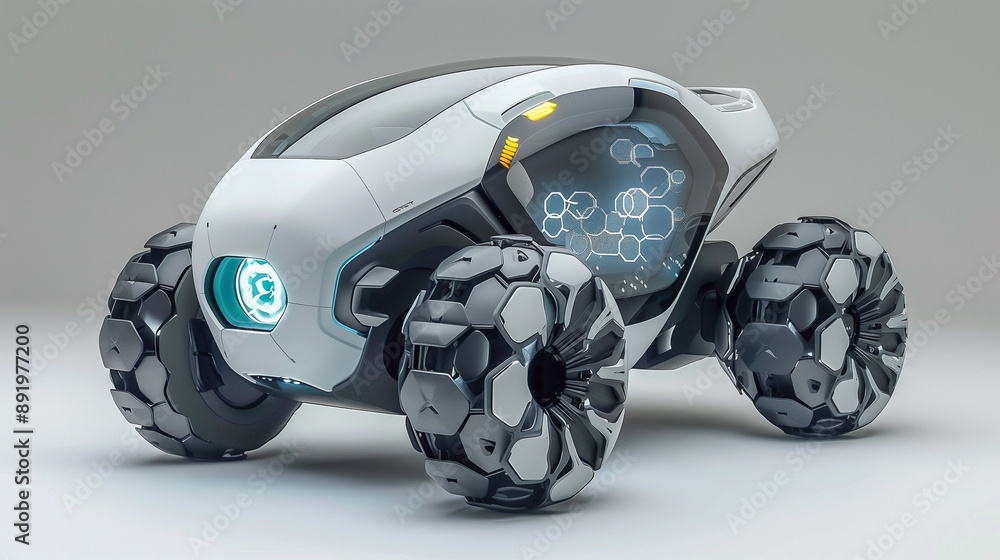 Poster Futuristic Concept Vehicle with Hexagonal Tires and Digital Display..