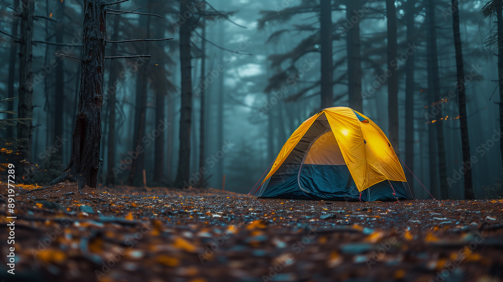 Poster illuminated tent in a foggy forest setting..