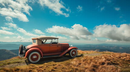 red vintage car on hill with blue sky background