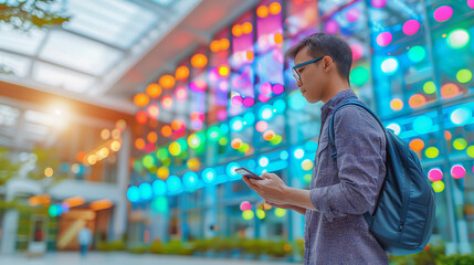 Obraz premium Young Man with Smartphone Against Colorful Light Display..