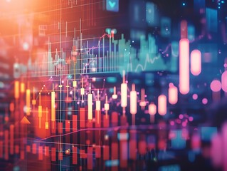 Realistic stock market chart with candles, digital screen backdrop, and blurred business abstractions, captured in high resolution.