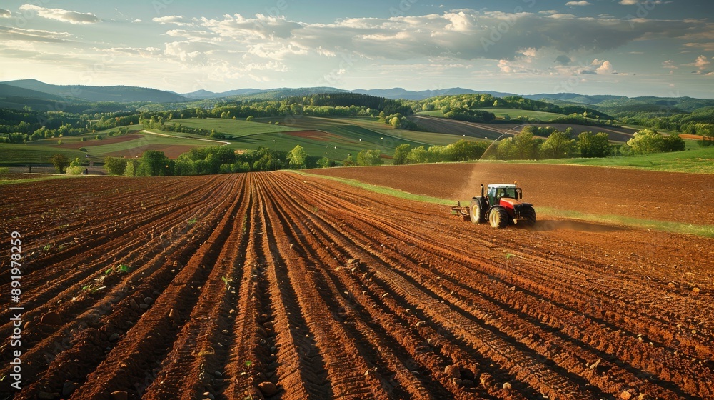 Poster wide angle view of a large farm with tractors plowing the fields generative ai
