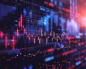Fototapeta premium Realistic image of a stock market chart with glowing candlesticks, digital screen background, and abstract blurred business items, captured in high resolution.