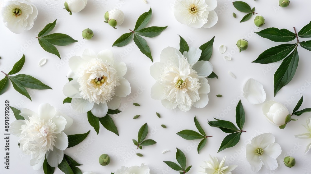 Wall mural White peony flowers green leaves and pasque flower seeds creating a floral design on white surface viewed from top