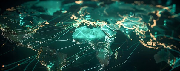 Realistic abstract global network featuring a world map with glowing data links, photographed in full clarity.