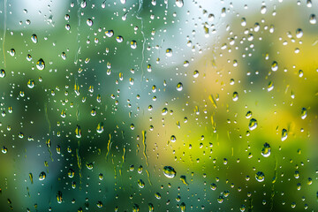 Raindrops on a window, with blurred scenery in the background