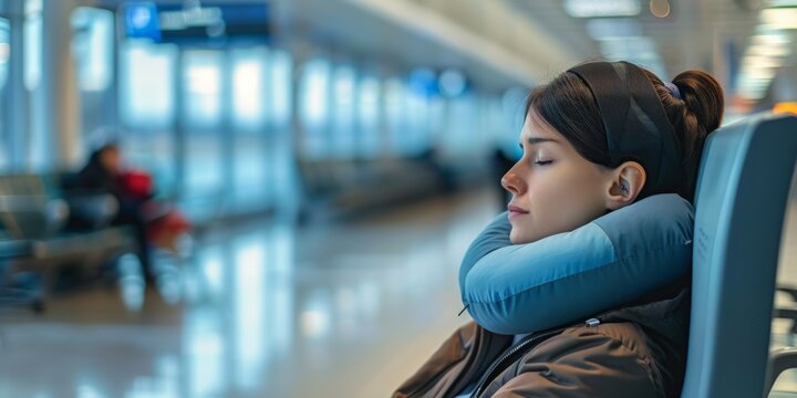 Young Woman Sleeping on a Travel Pillow in an Airport
