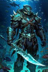 Fototapeta premium Underwater Warrior. A warrior adapted to underwater life, with aquatic features and gear