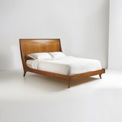 99. **A stylish wooden bed frame with a clean design and elegant headboard, set against a white backdrop.**