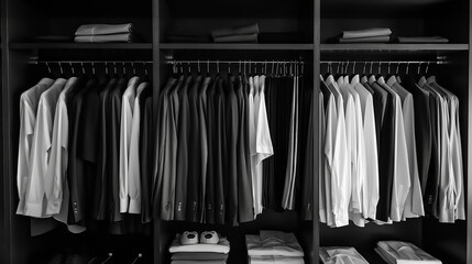 a minimalist wardrobe, monochrome clothes, perfect organization