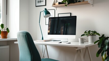 A serene home office setup with a sleek desktop computer, ideal for remote work and creativity
