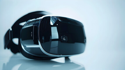 A close-up of a virtual reality headset, highlighting its sleek design, on a pristine white background.