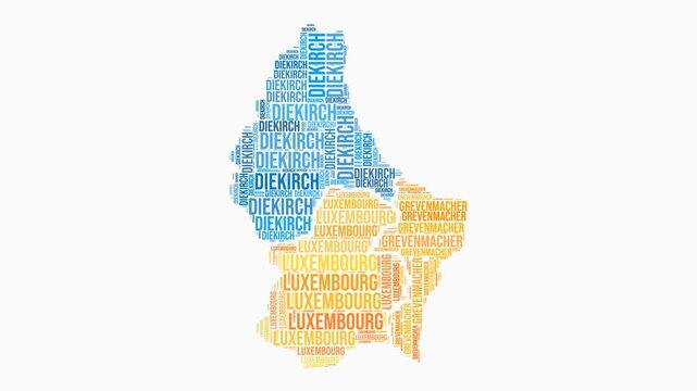 Luxembourg regions word cloud animation. Country logo animated video. Luxembourg colored text cloud. Regions typography style motion graphics. Amazing video.
