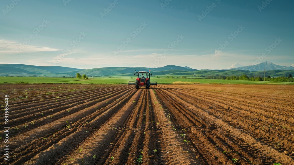 Poster modern farming equipment working on expansive fields under a clear sky generative ai