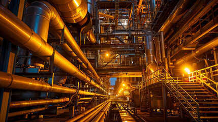 Landscape of an industrial plant interior with steel pipes and stairs, illuminated in the style of yellow lights at night