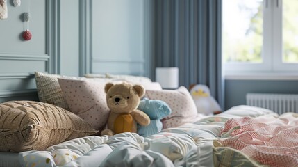 Comfortable bed with pillows and toys indoors. Cute kids room