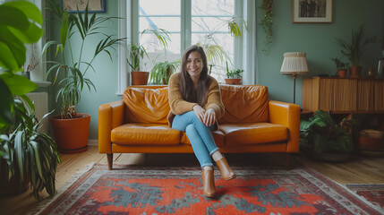 Fototapeta premium Young Caucasian woman sitting on orange leather sofa in eclectic cozy living room, copy space
